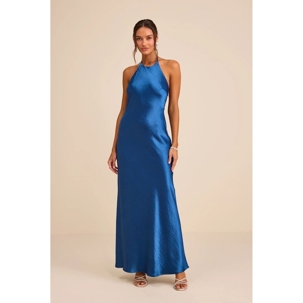 Lulus NWT Magnificence Blue Satin Backless Halter Maxi Dress - Size XS
